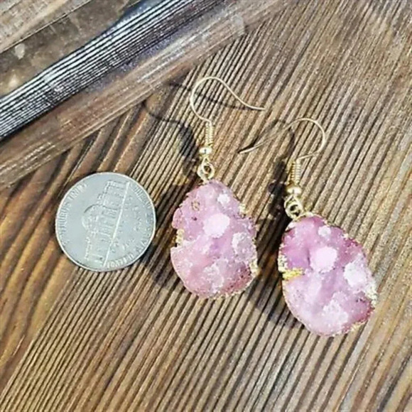 Druzy Agate Teardrop Earrings Gold Plated Pink - Picture 3 of 3
